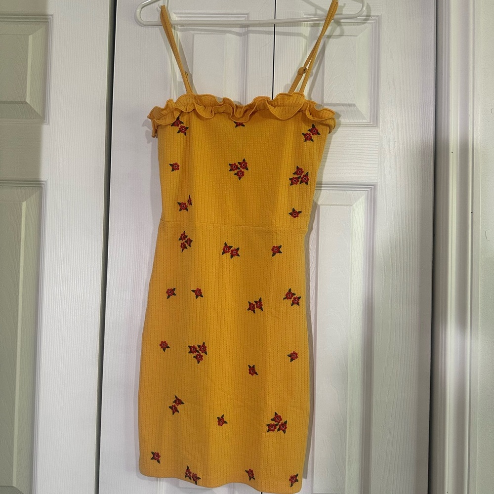 Yellow Dress with Red Floral Pattern